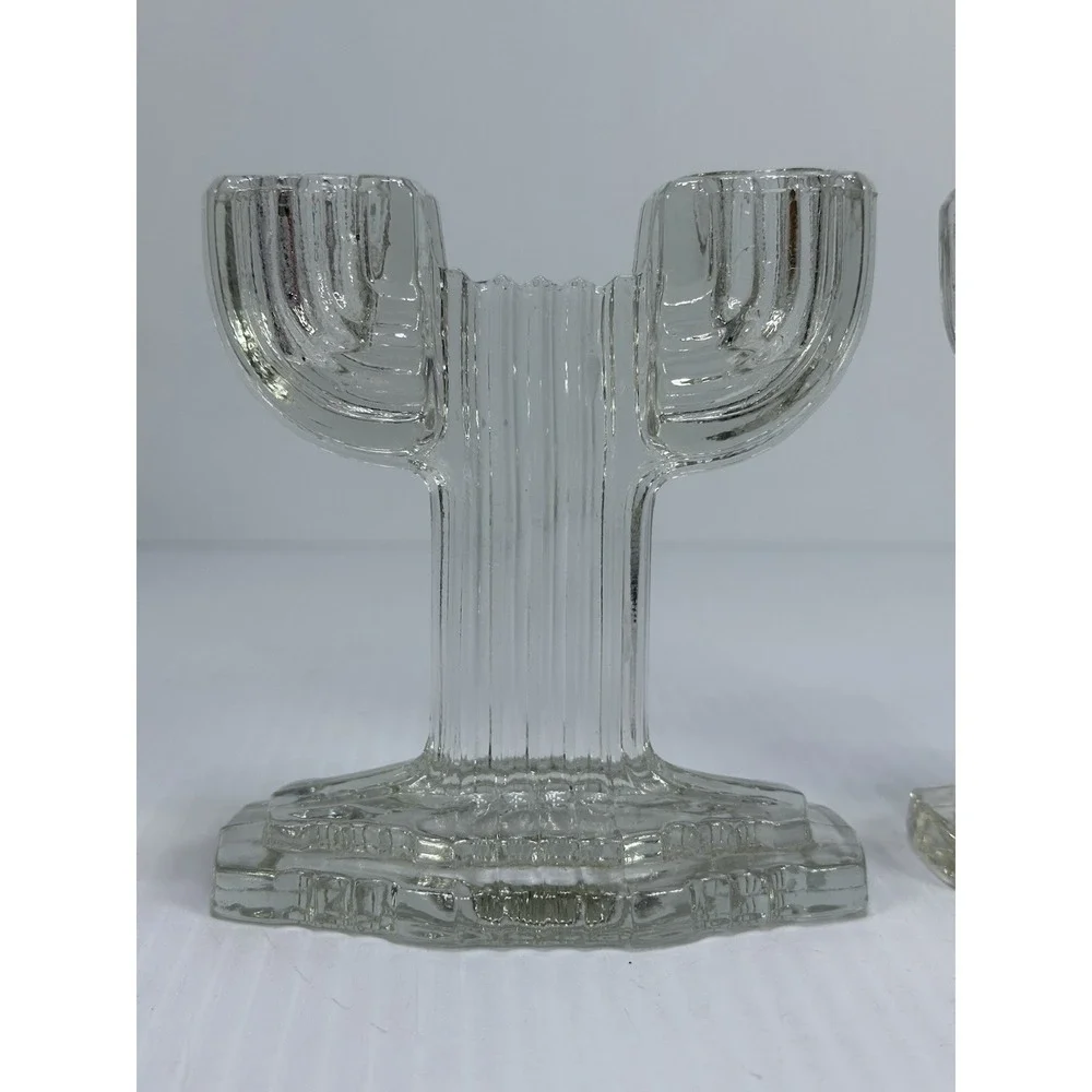 Vtg Pair Anchor‎ Hocking Art Deco Glass Candlestick Candle Holders QUEEN MARY